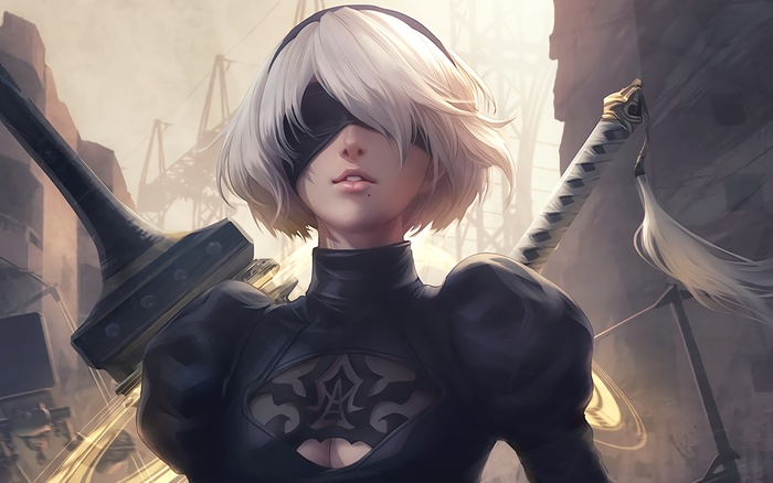 1920x1200 automata, beautiful, blonde, character, dress, eyepatch ...