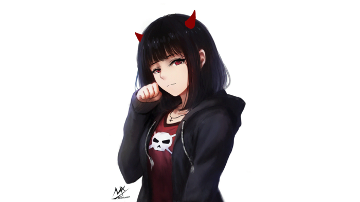 19x1080 Horns Red Eyes Black Hair Short Hair Original Anime Smile Girl Anime Wallpaper Png Cool Wallpapers For Me